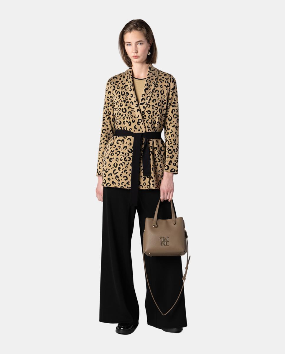 Casaco de Malha Jacquard com Animal Print Bege-3