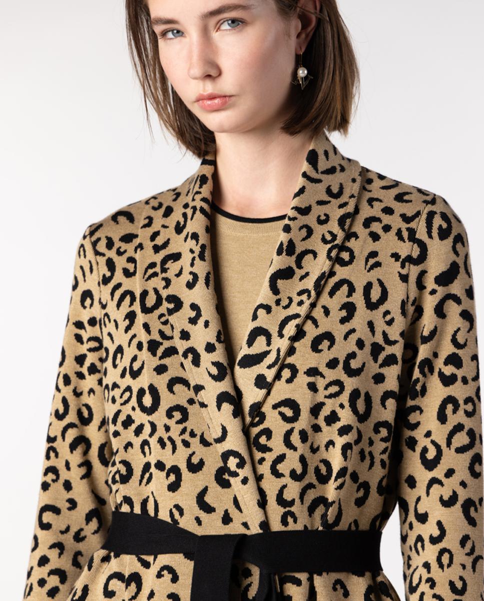 Casaco de Malha Jacquard com Animal Print Bege-4