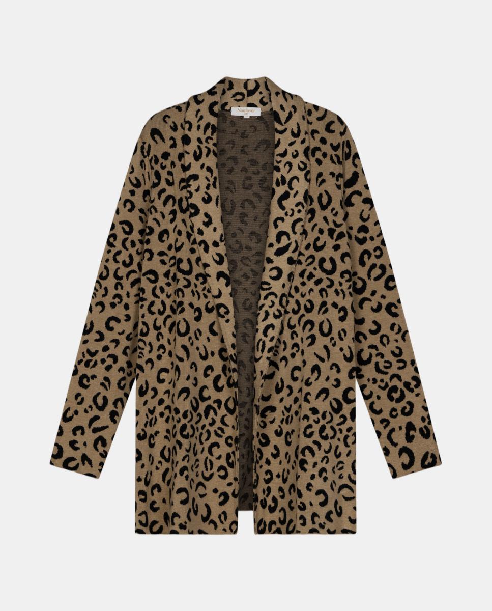 Casaco de Malha Jacquard com Animal Print Bege-5