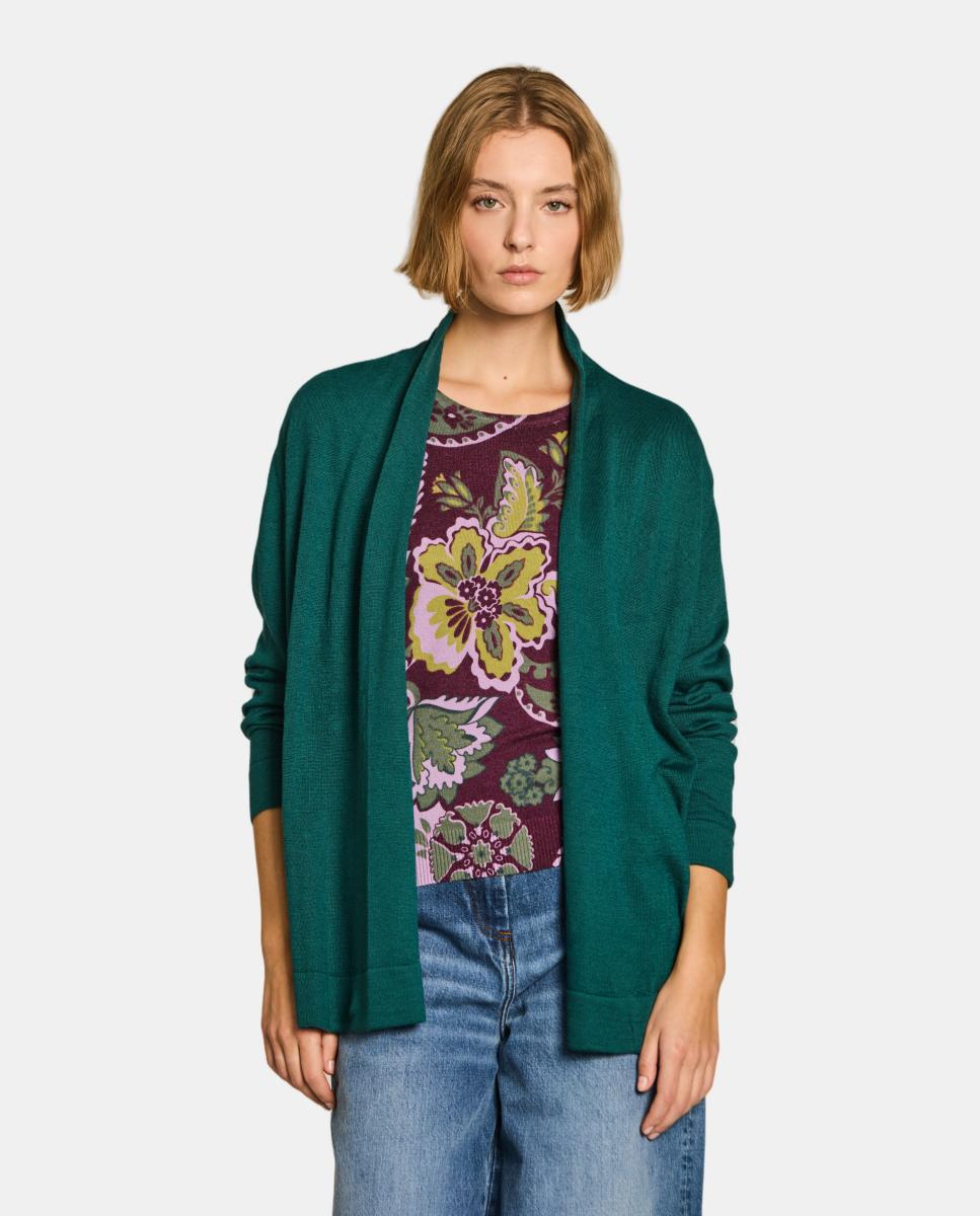 Cardigan de Malha de Lã Verde-escuro-1