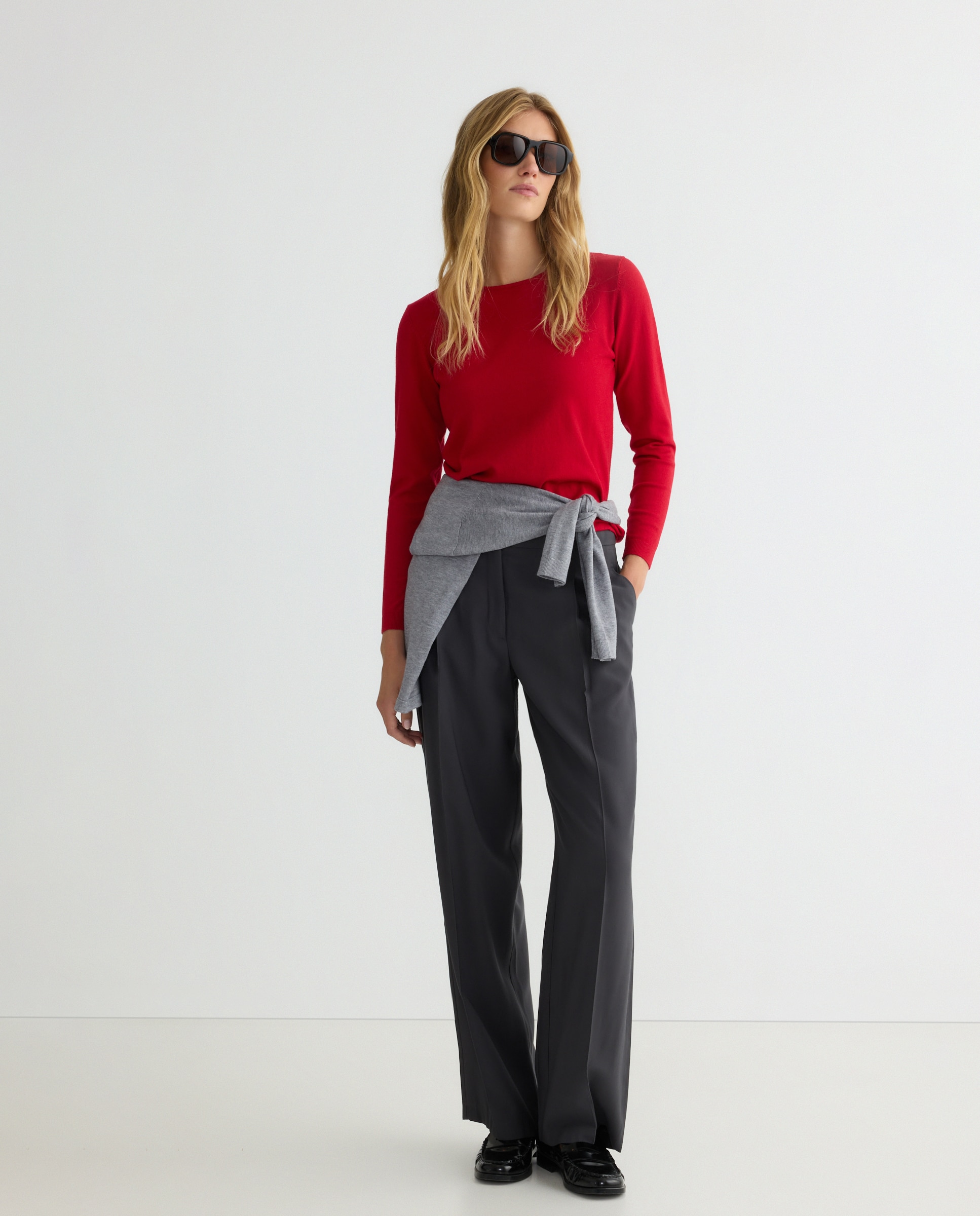 Camisola de malha lisa com manga comprida Vermelho-1