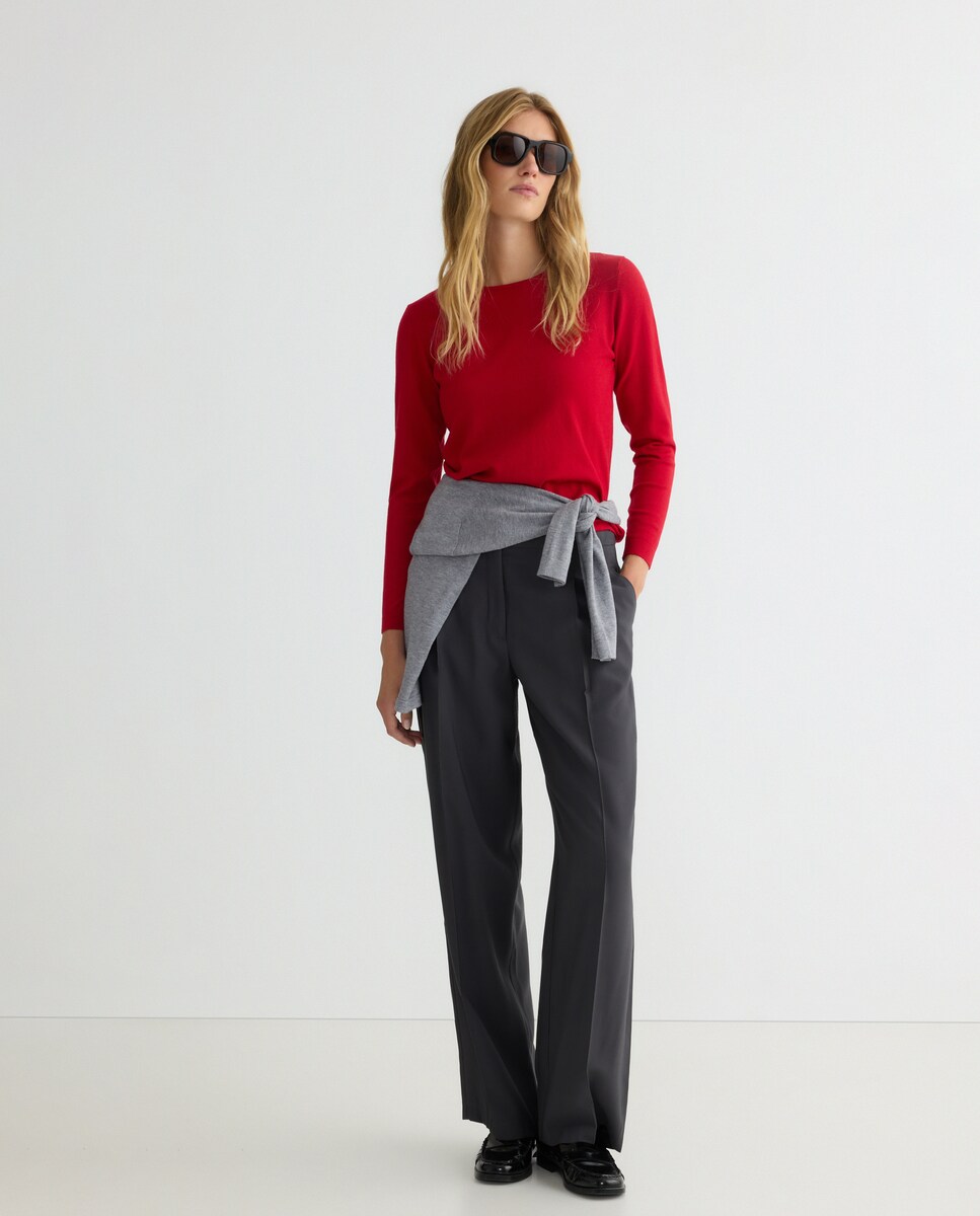 Camisola de malha lisa com manga comprida Vermelho-1