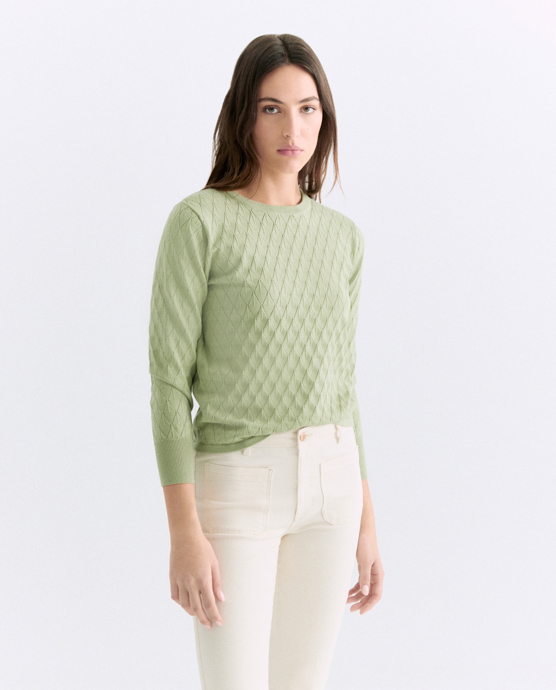 Camisola de malha lisa com manga comprida Verde-2