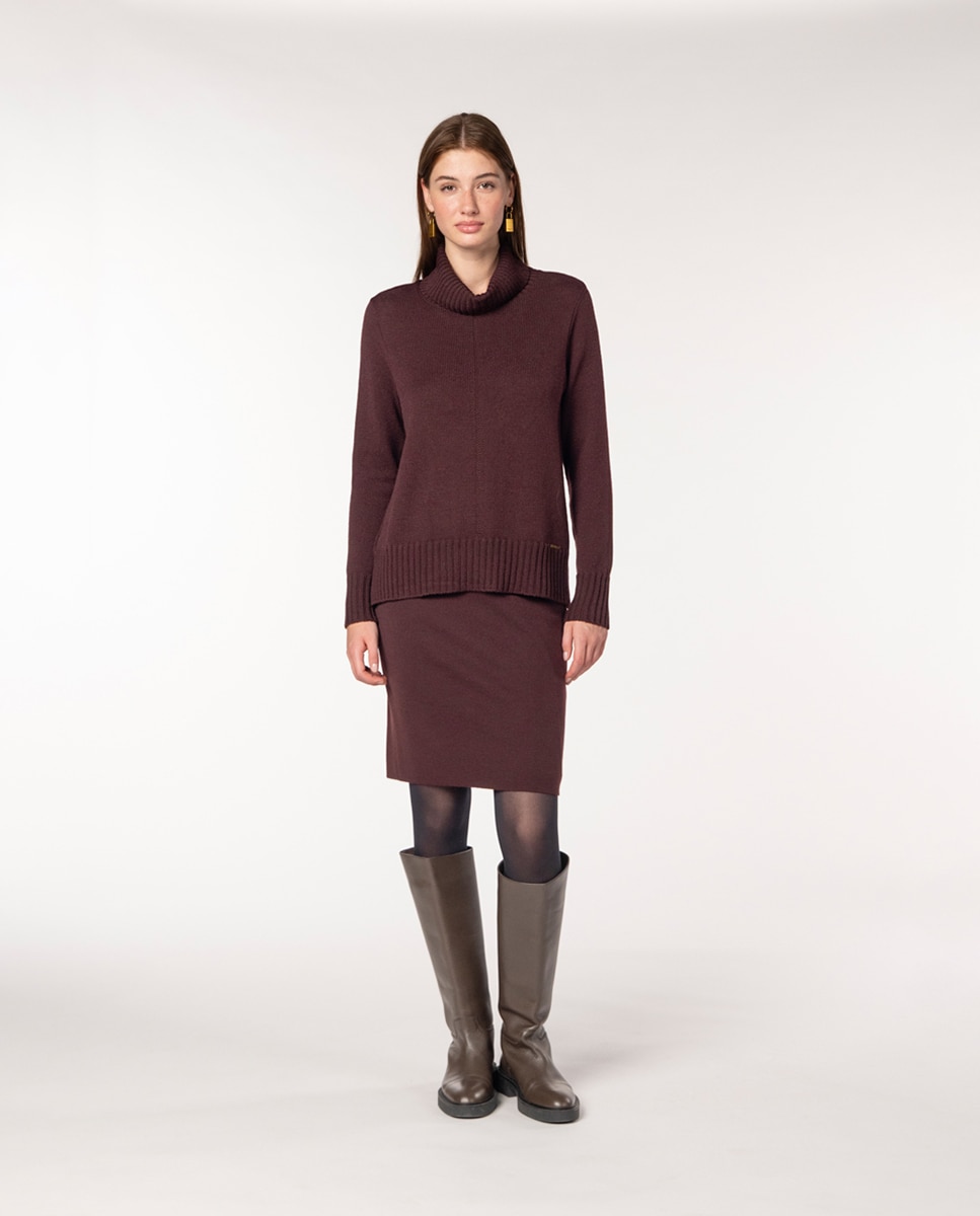 Saia-Lápis de Malha Milano com Cós Elástico Grená-4