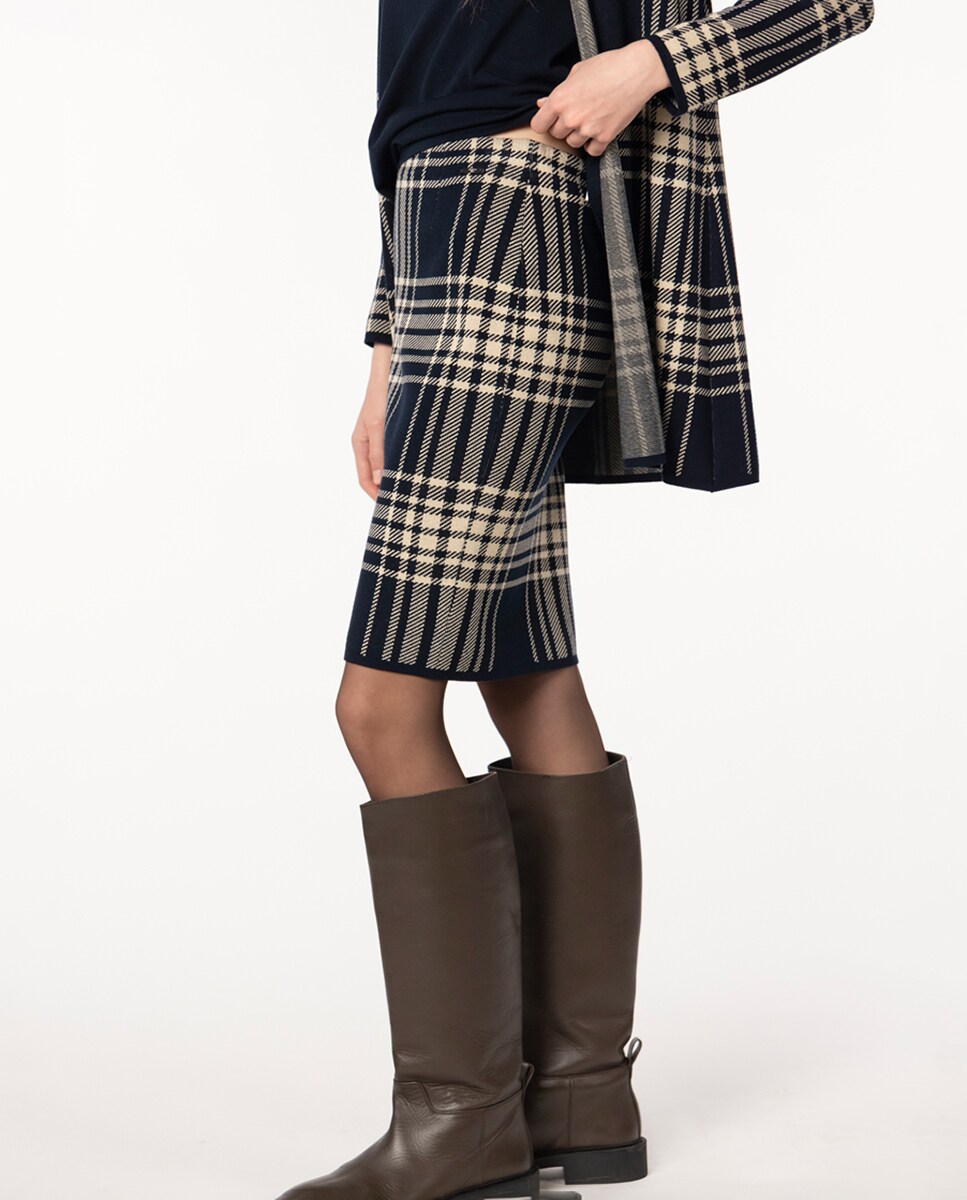 Saia de Malha Jacquard com Desenho aos Quadrados Príncipe de Gales Azul-marinho-3