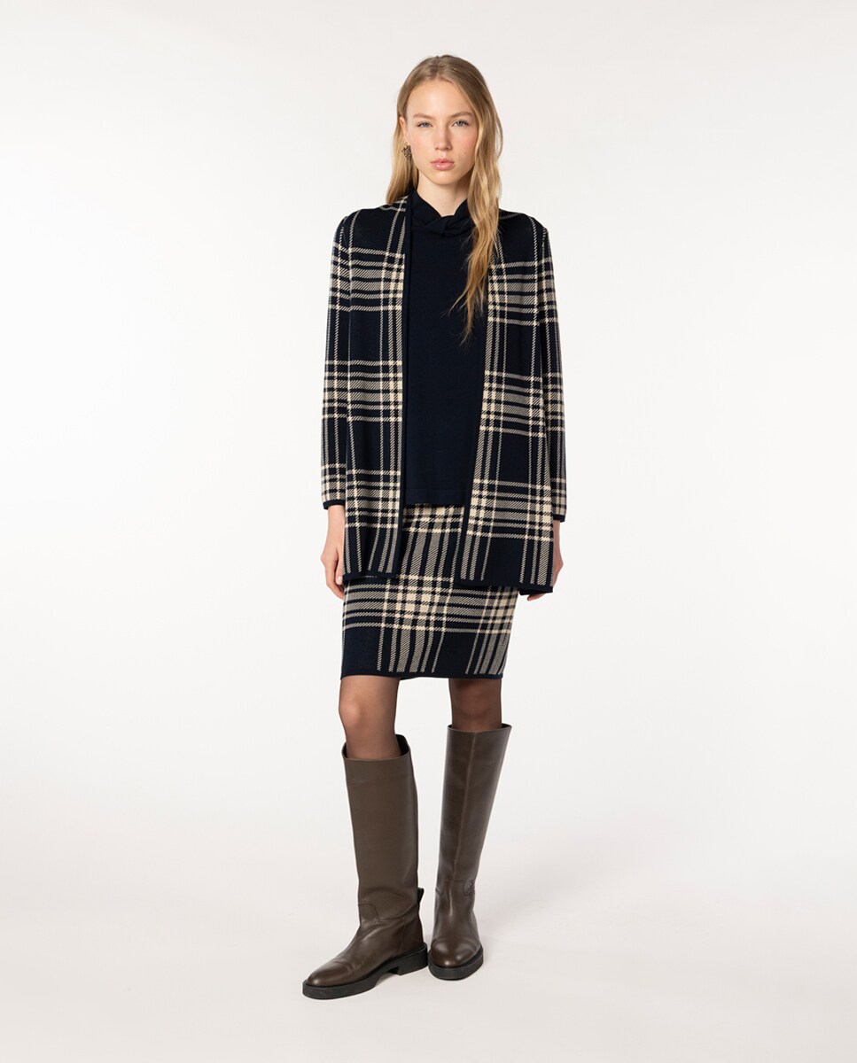 Saia de Malha Jacquard com Desenho aos Quadrados Príncipe de Gales Azul-marinho-4