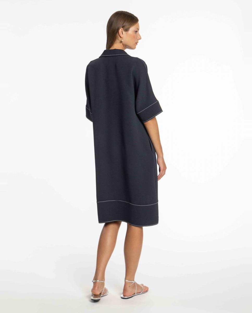 Vestido de Crepe Duplo com Pespontos em Contraste Azul-marinho-2