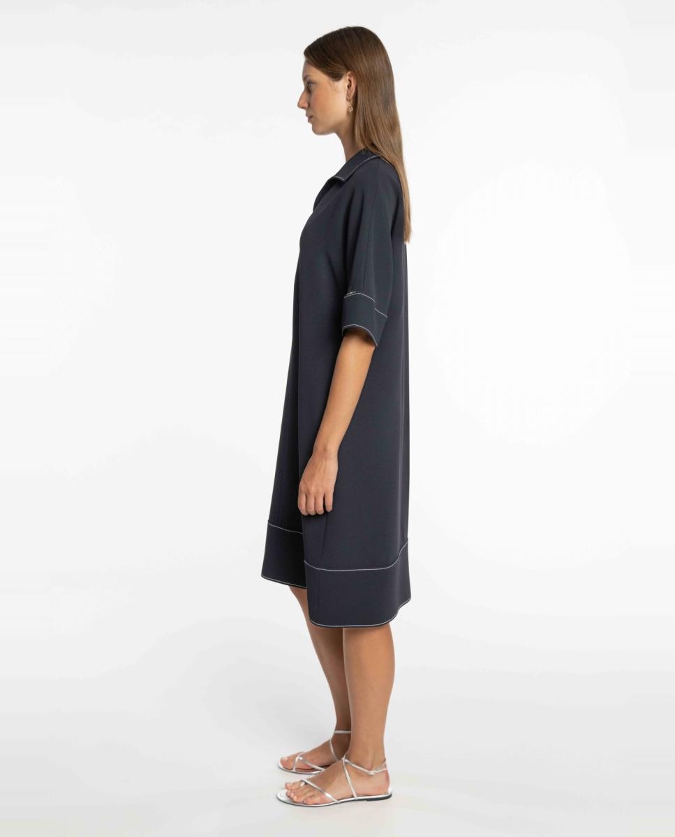 Vestido de Crepe Duplo com Pespontos em Contraste Azul-marinho-3