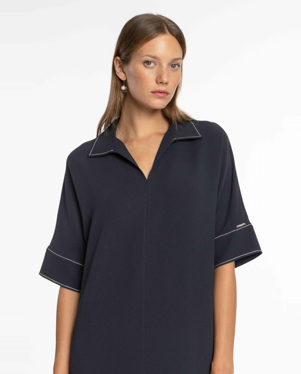 Vestido de Crepe Duplo com Pespontos em Contraste Azul-marinho-4