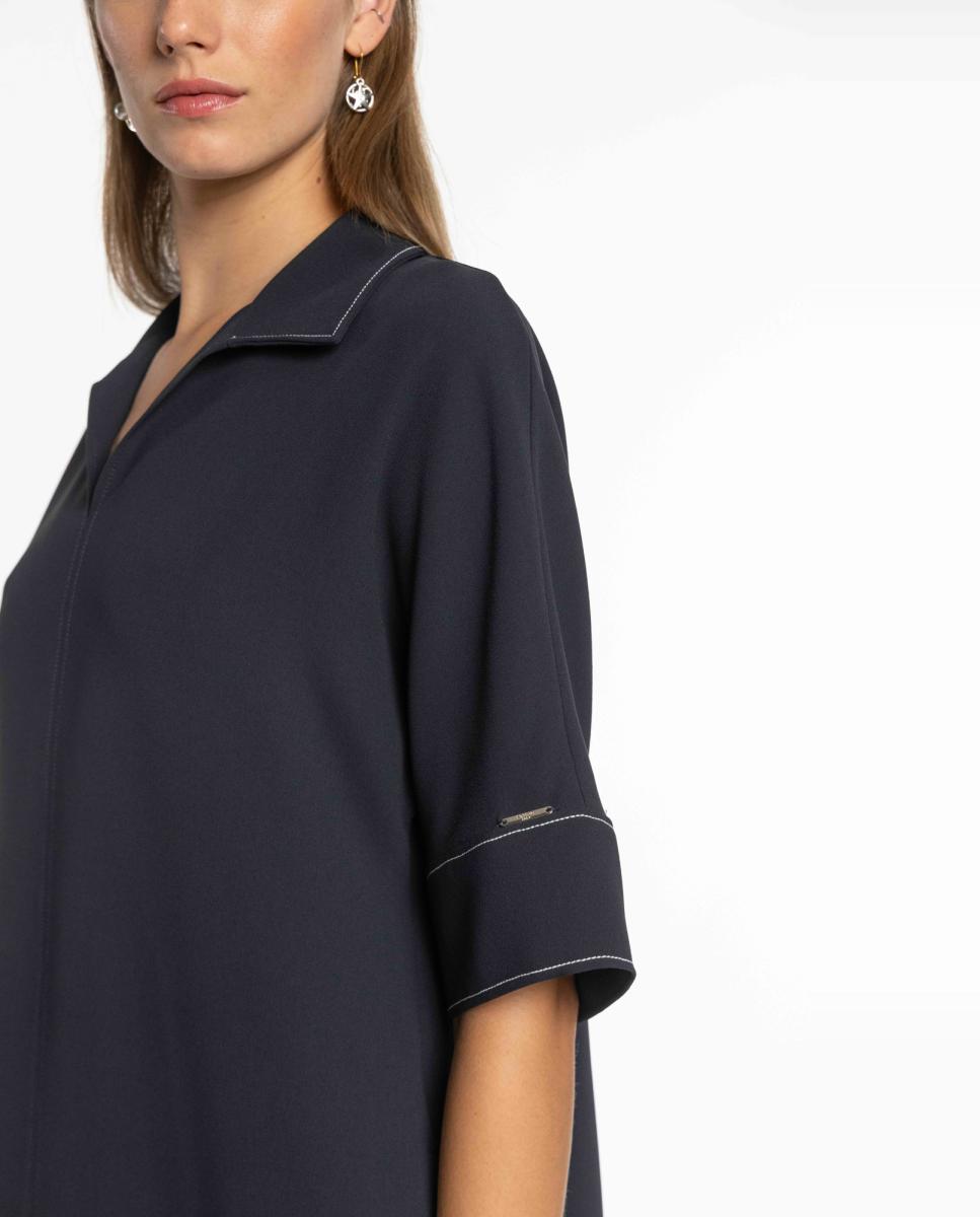 Vestido de Crepe Duplo com Pespontos em Contraste Azul-marinho-5