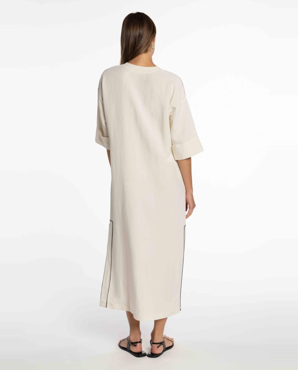 Vestido de Linho com Vivos em Contraste Branco-2
