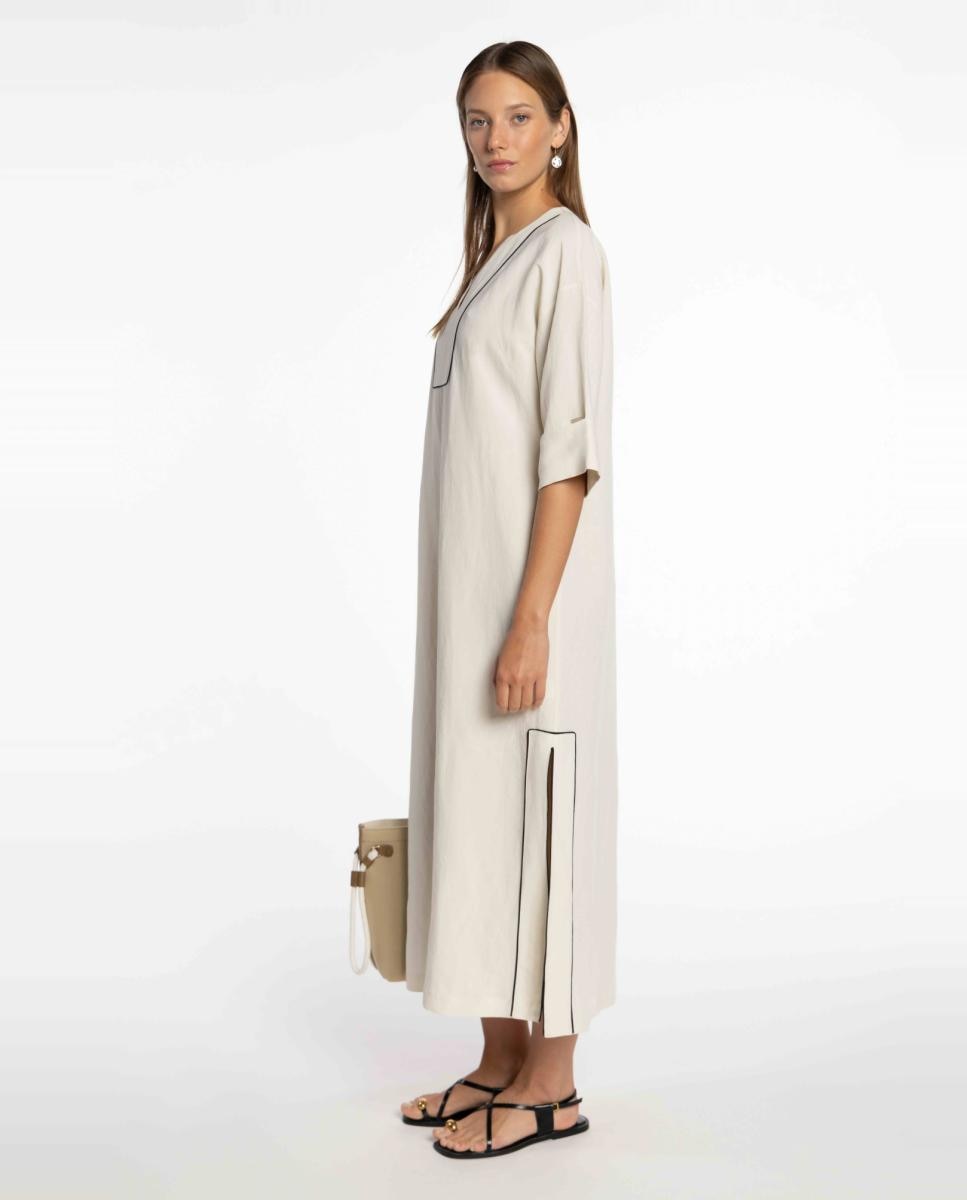 Vestido de Linho com Vivos em Contraste Branco-3