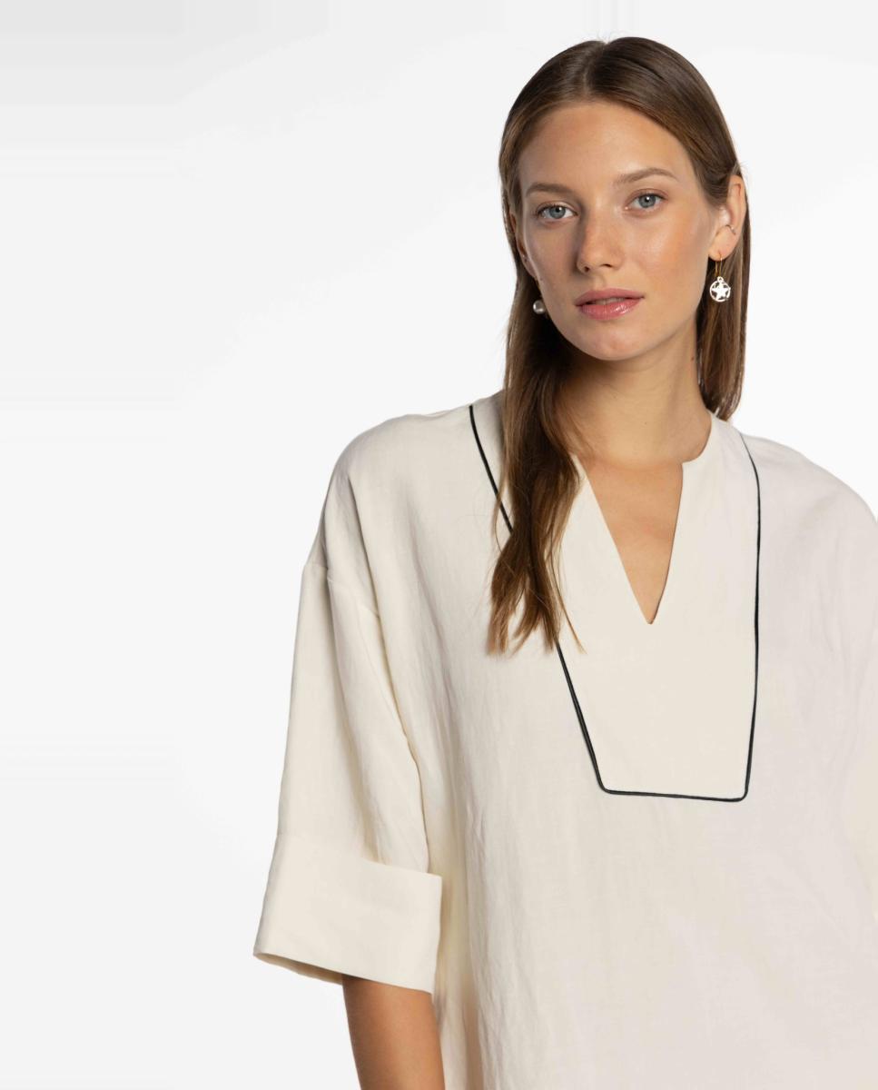 Vestido de Linho com Vivos em Contraste Branco-4
