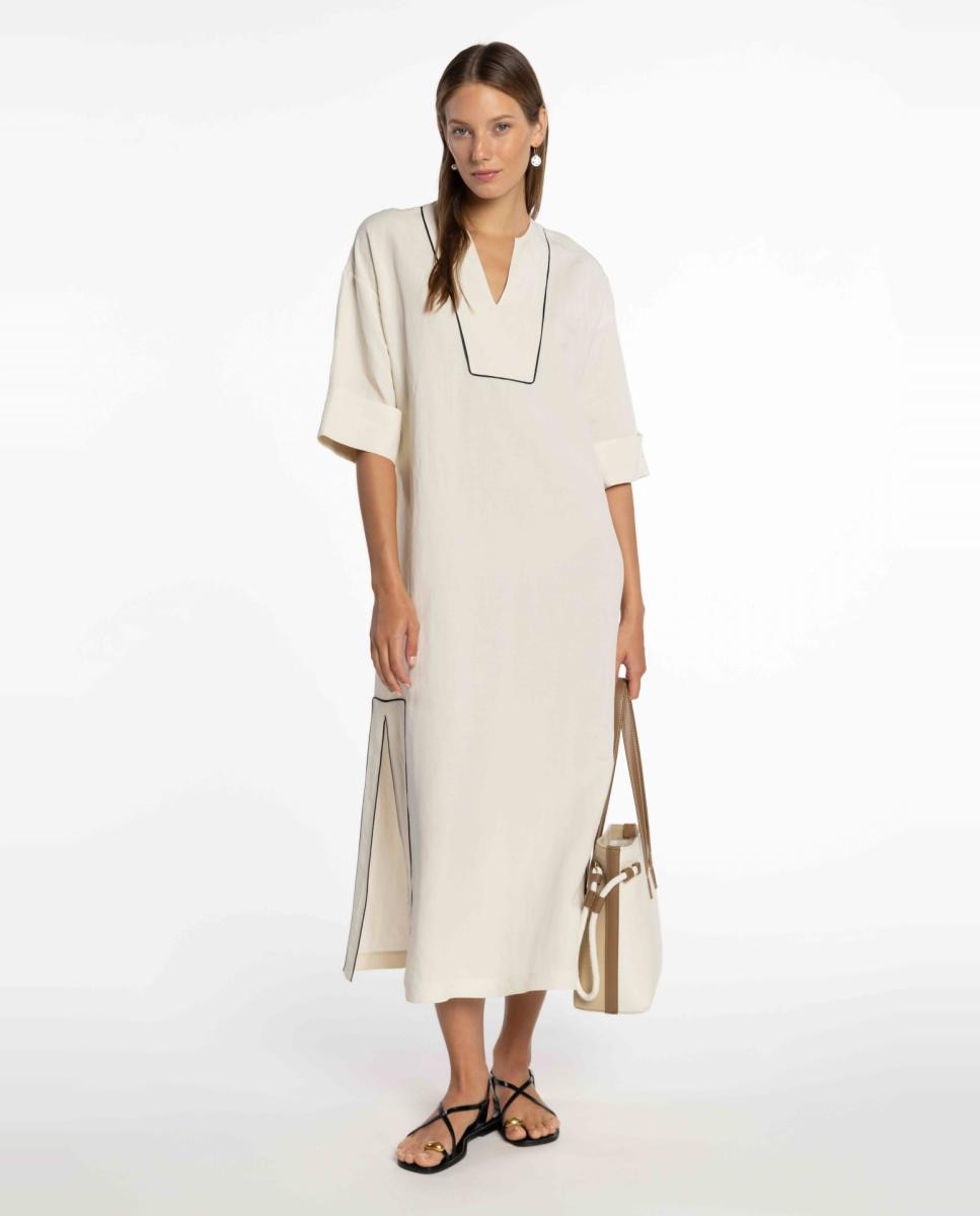 Vestido de Linho com Vivos em Contraste Branco-8