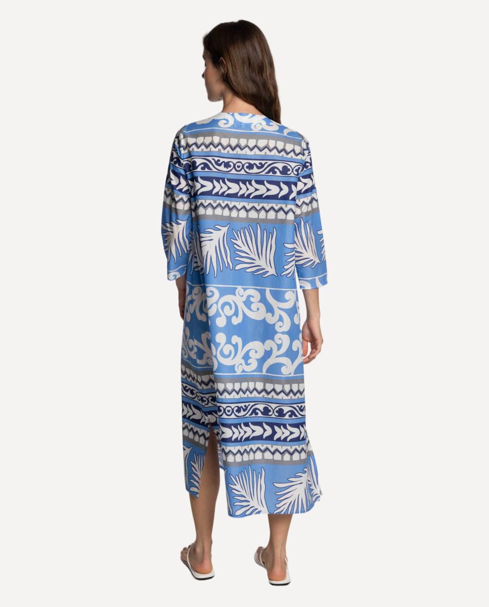 Vestido Midi de Voile de Algodão Estampado Azul-2
