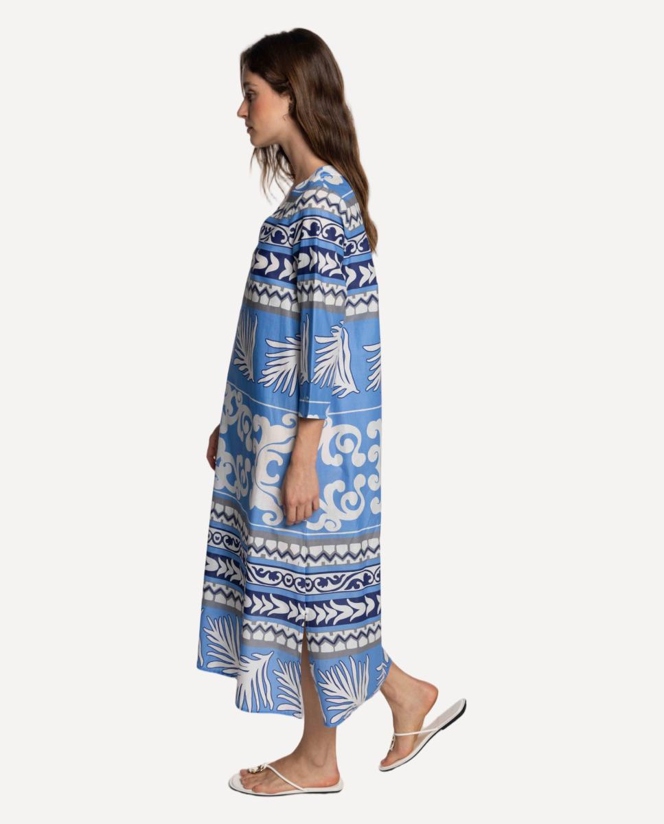 Vestido Midi de Voile de Algodão Estampado Azul-3