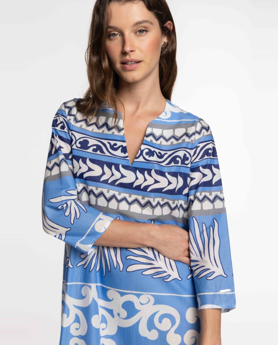 Vestido Midi de Voile de Algodão Estampado Azul-4