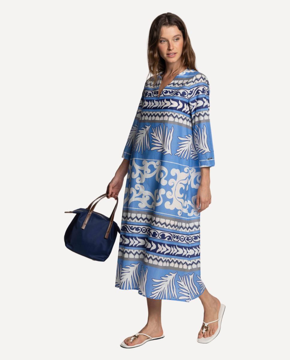 Vestido Midi de Voile de Algodão Estampado Azul-5