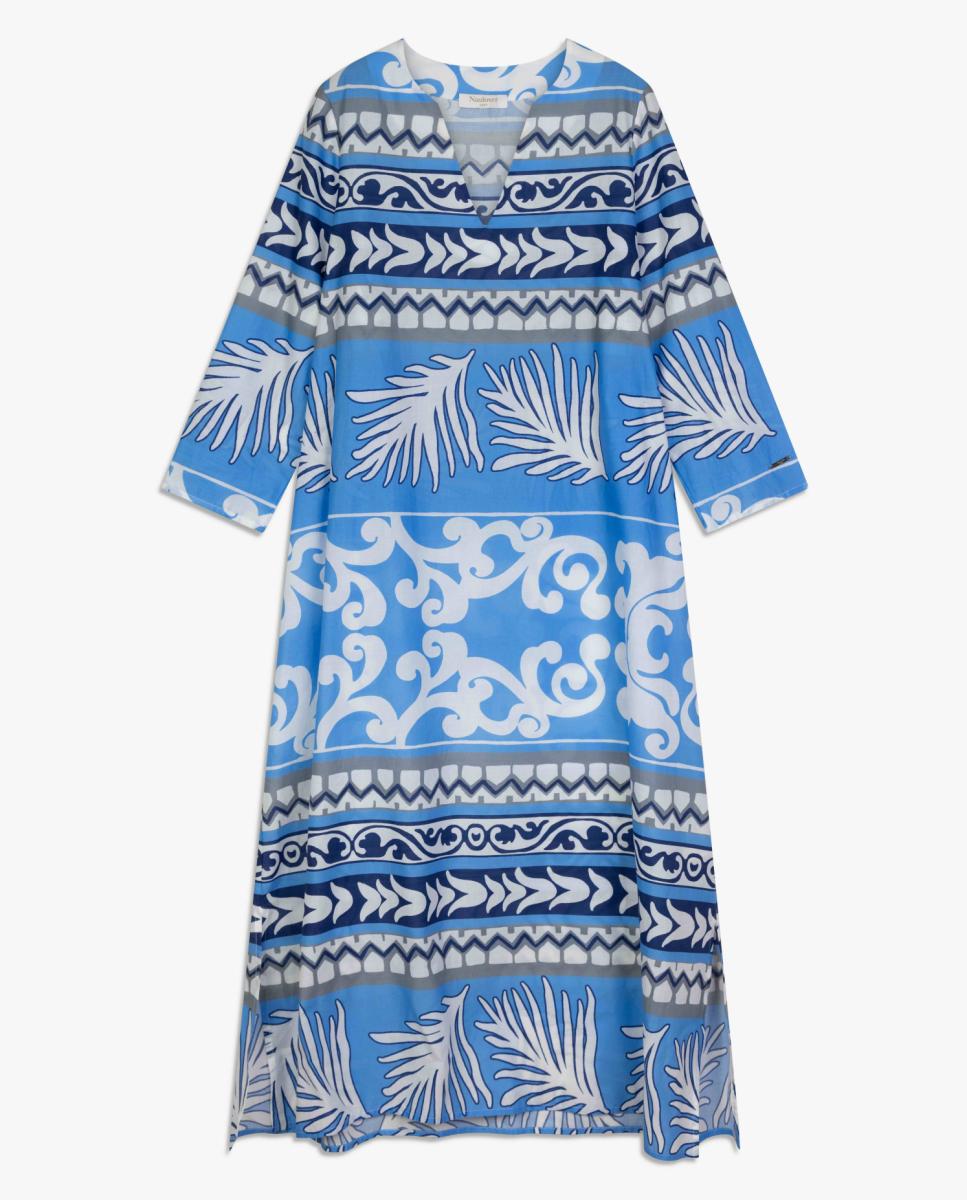 Vestido Midi de Voile de Algodão Estampado Azul-6