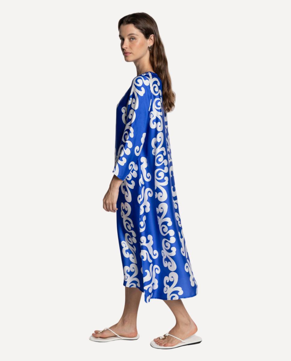 Vestido Midi de Cetim Estampado Azul-3