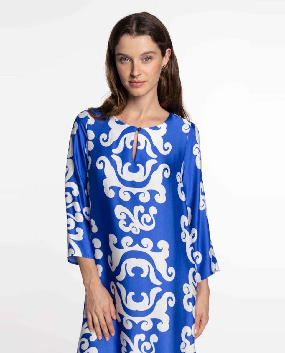 Vestido Midi de Cetim Estampado Azul-4