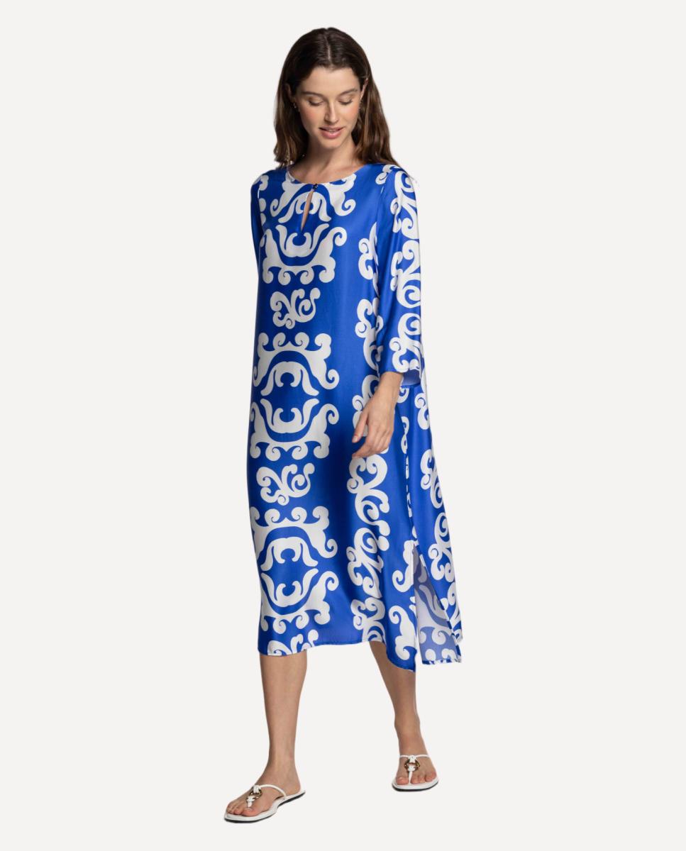 Vestido Midi de Cetim Estampado Azul-6