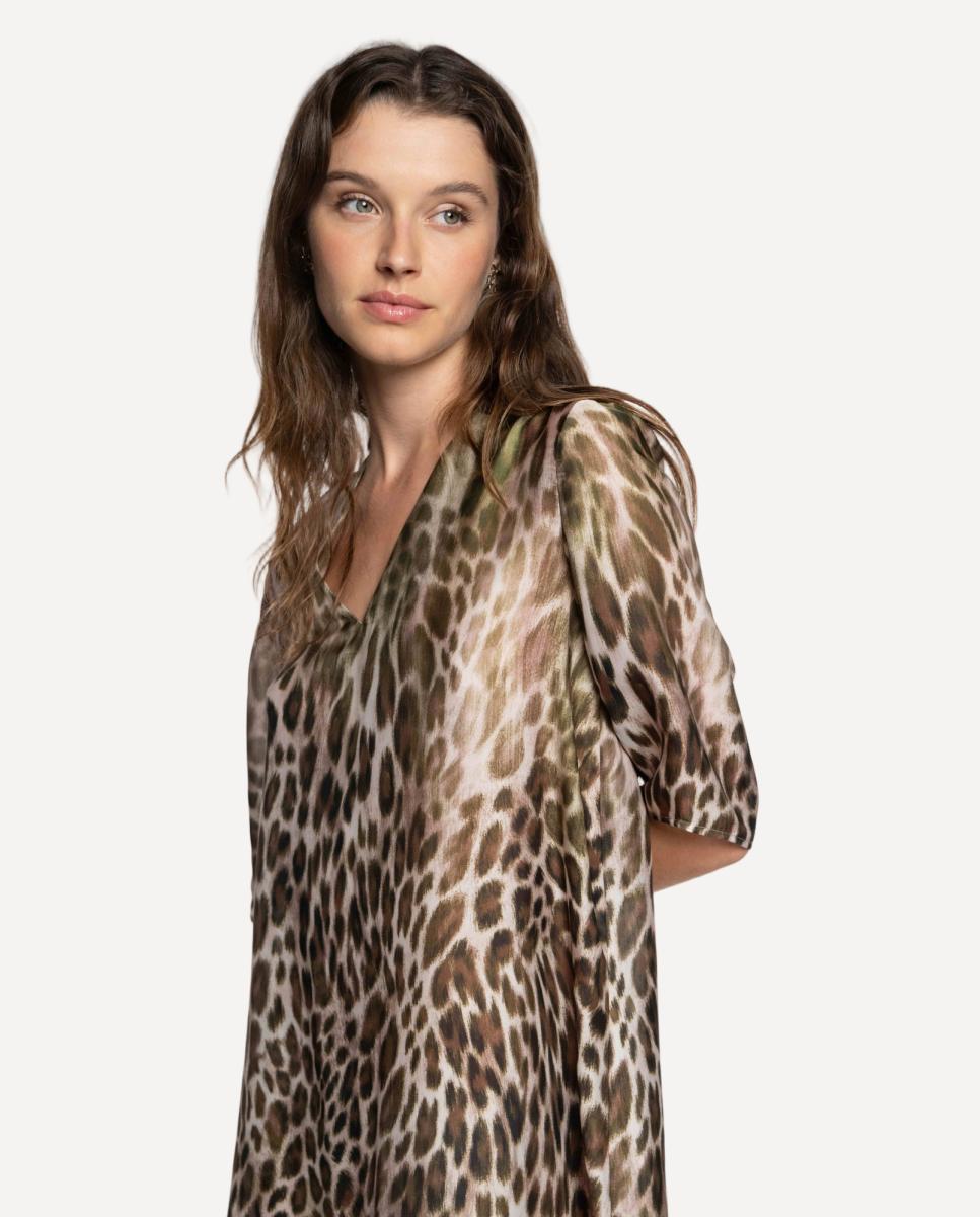Vestido de Cetim com Animal Print Verde pardo-4