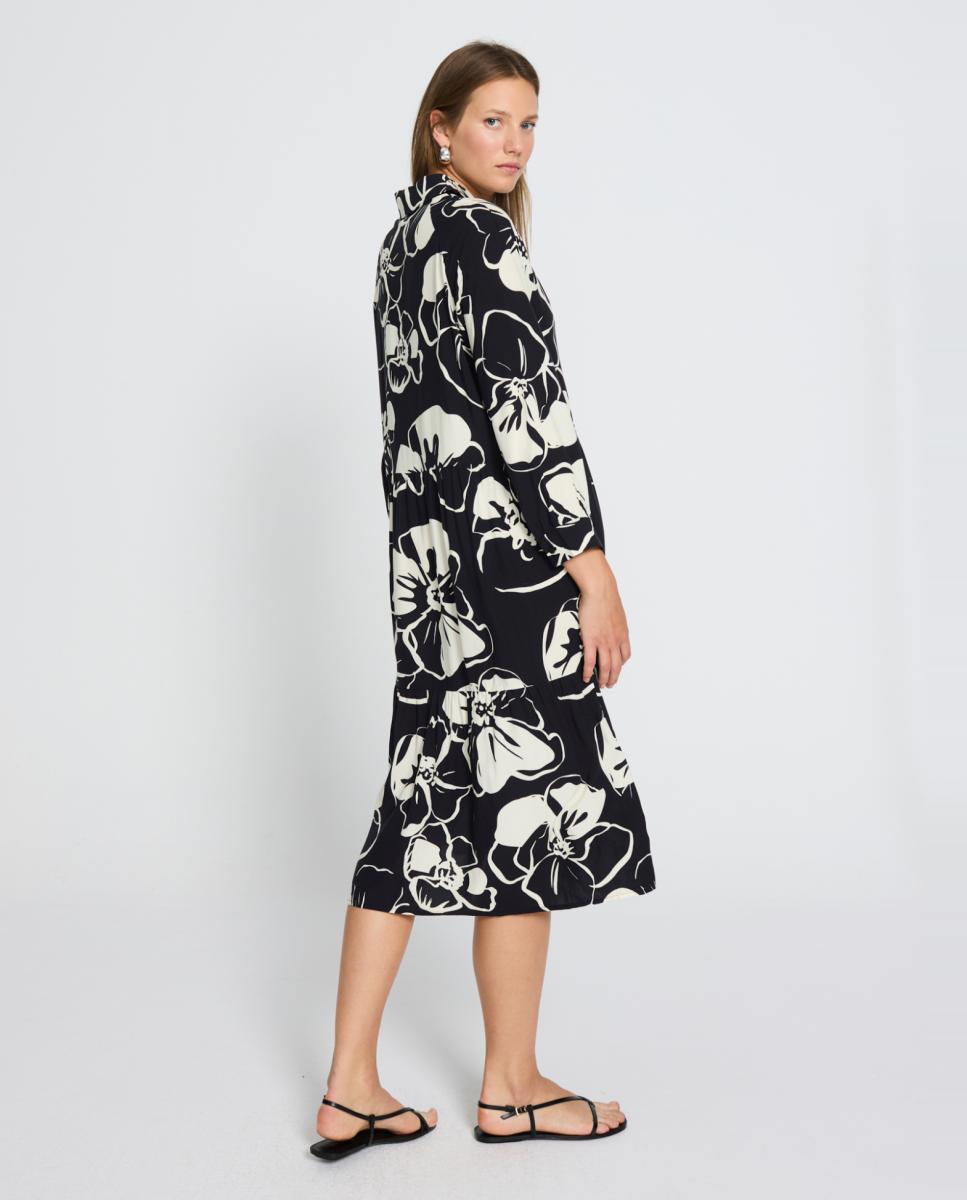 Vestido Midi com Colarinho de Camisa e Manga Raglã Preto-2