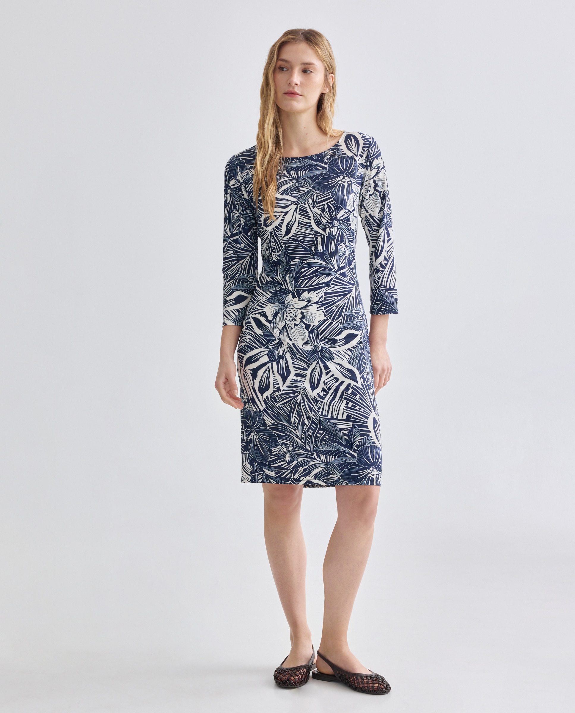 Vestido estampado com manga 3/4 Azul-marinho-2
