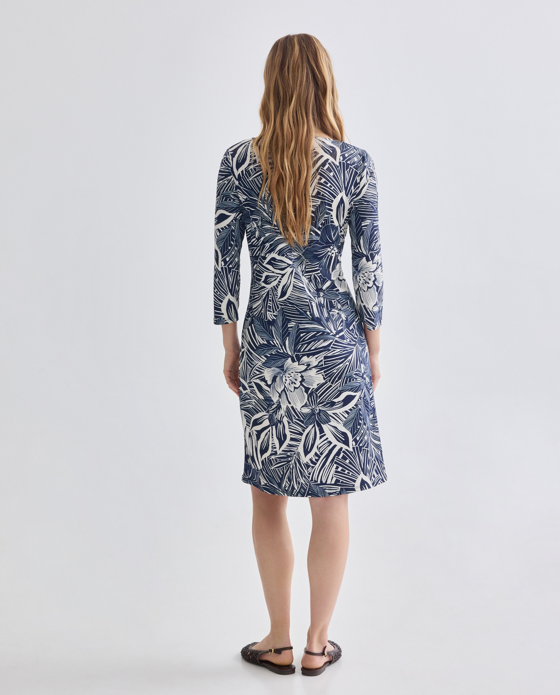 Vestido estampado com manga 3/4 Azul-marinho-3