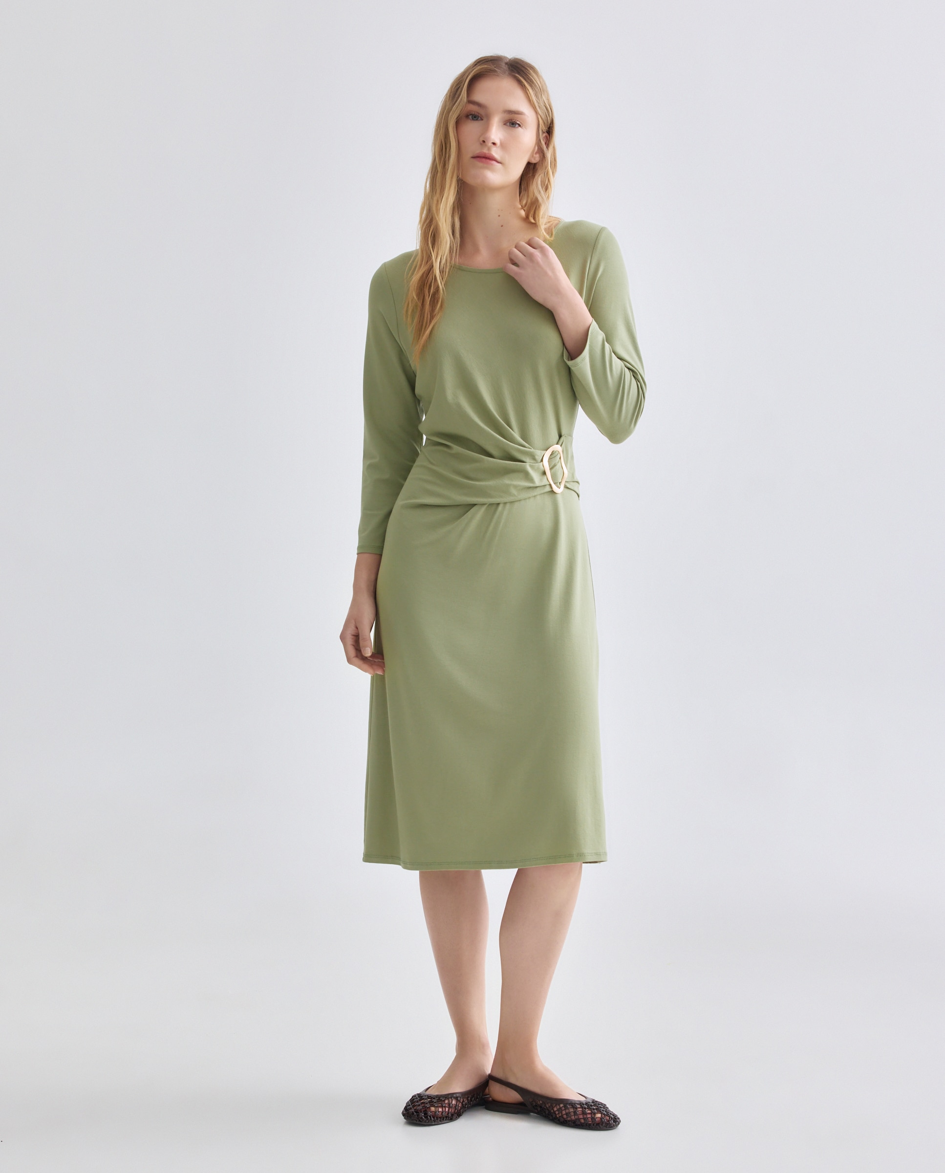 Vestido liso com manga comprida Verde-2