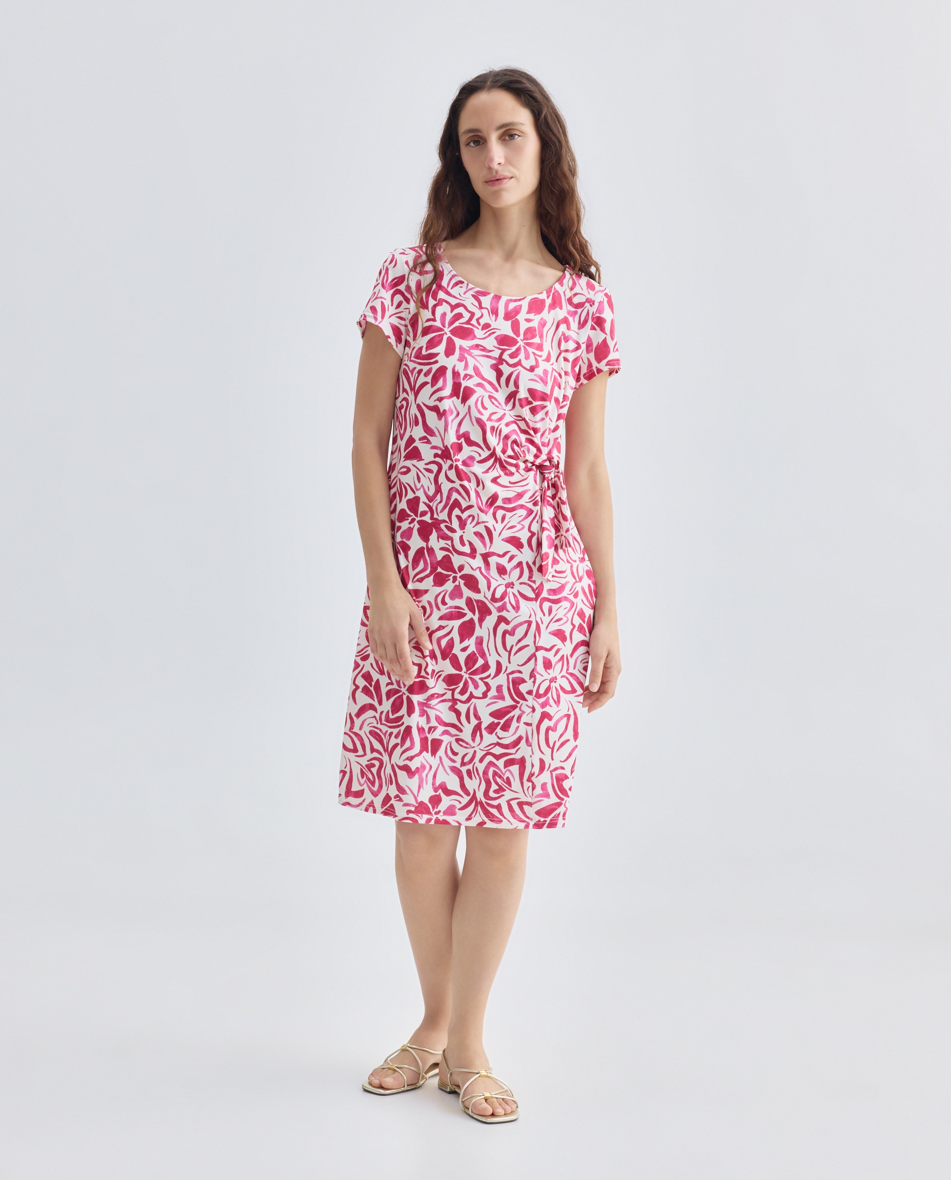 Vestido Estampado com Manga Curta Grená-1