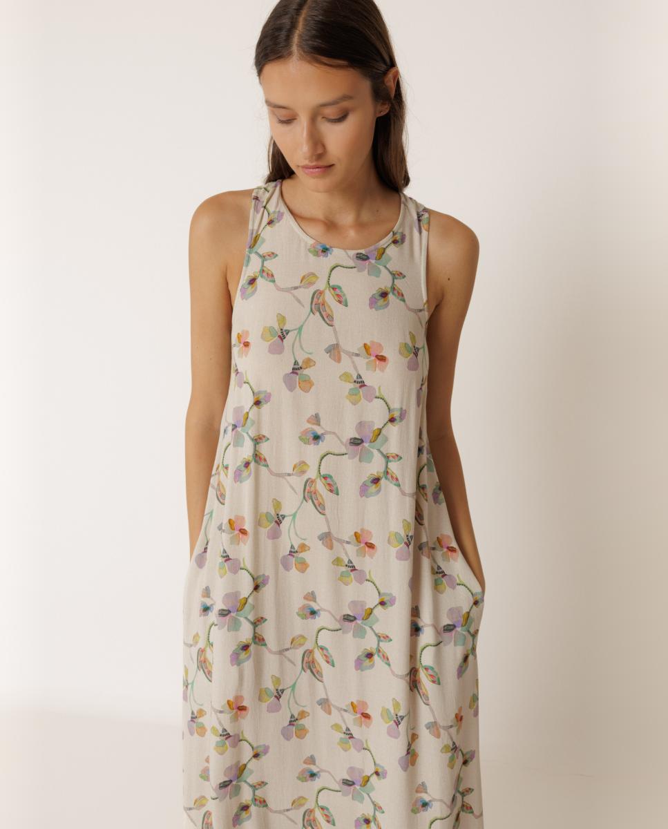 Vestido Comprido com Decote em Bico e sem Mangas Bege-2