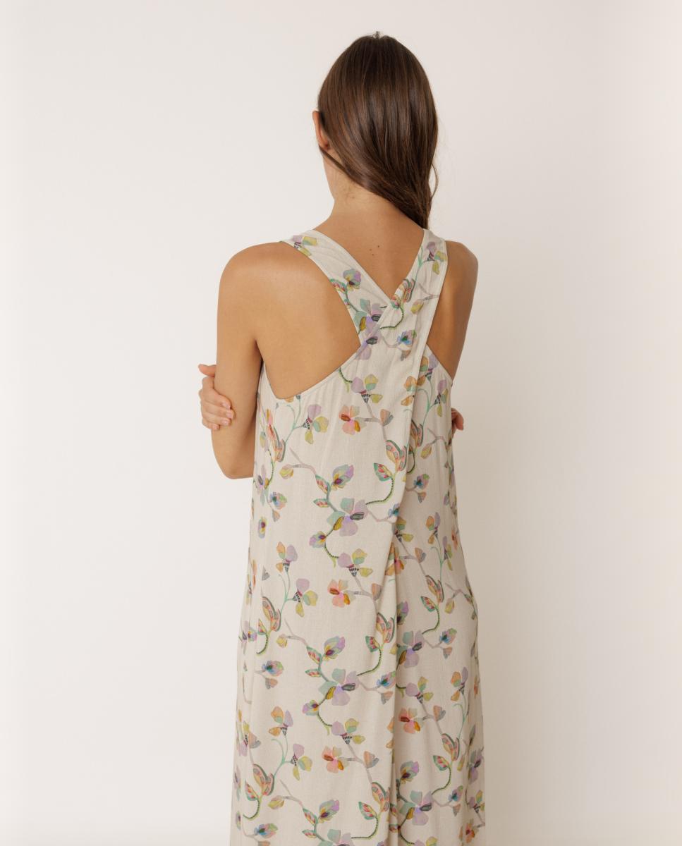 Vestido Comprido com Decote em Bico e sem Mangas Bege-3