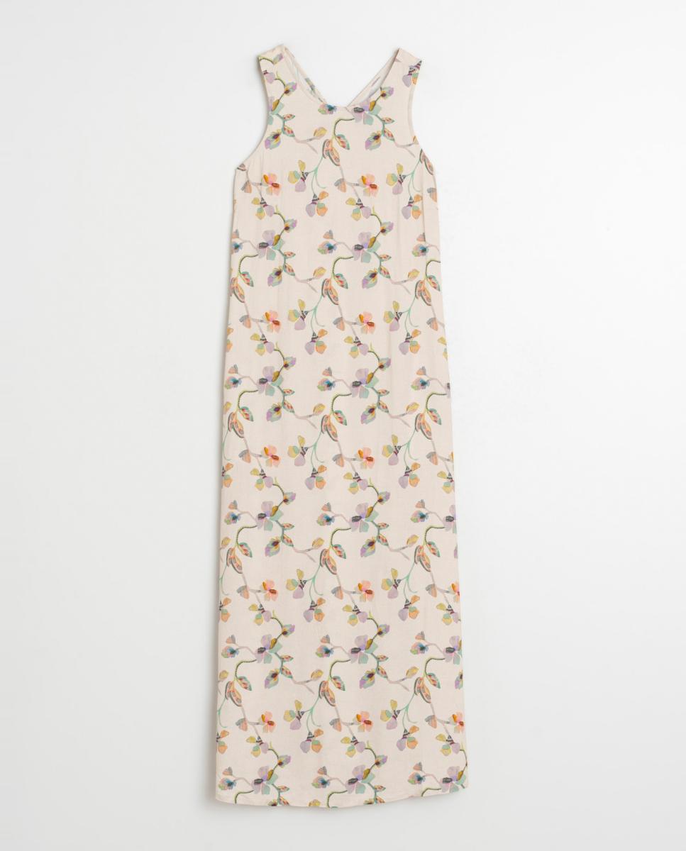 Vestido Comprido com Decote em Bico e sem Mangas Bege-4