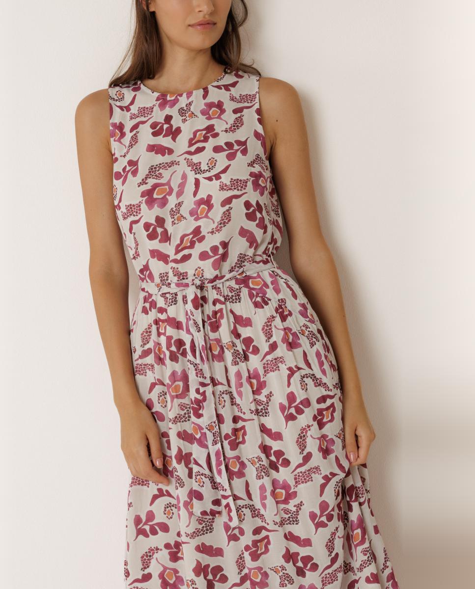 Vestido Maxi com Decote Redondo e sem Mangas Rosa-2