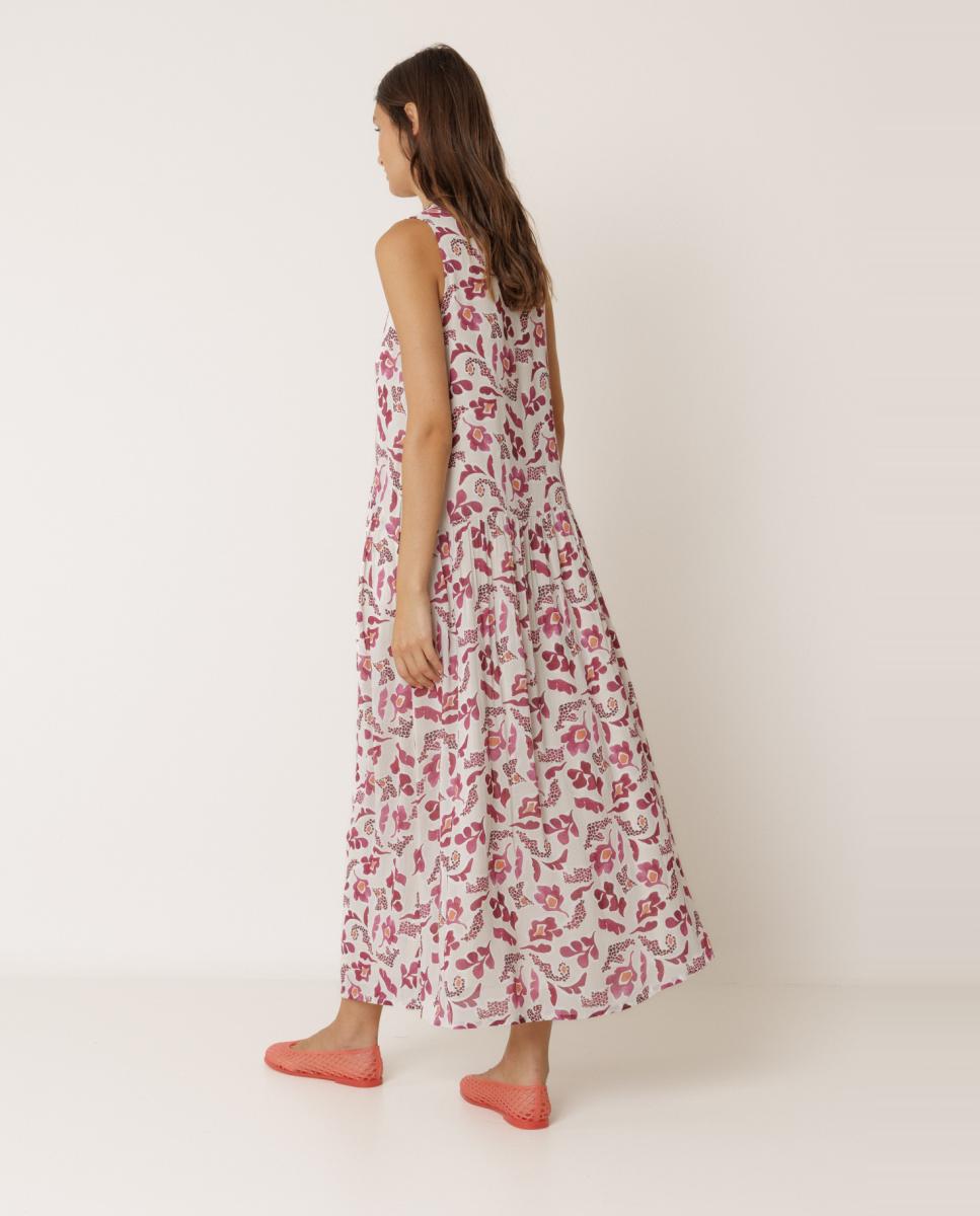 Vestido Maxi com Decote Redondo e sem Mangas Rosa-3