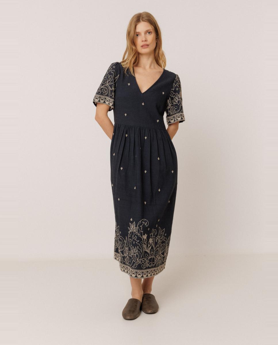 Vestido Comprido com Decote em Bico e Manga Curta Azul-marinho-2