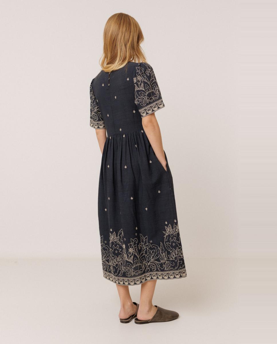 Vestido Comprido com Decote em Bico e Manga Curta Azul-marinho-3