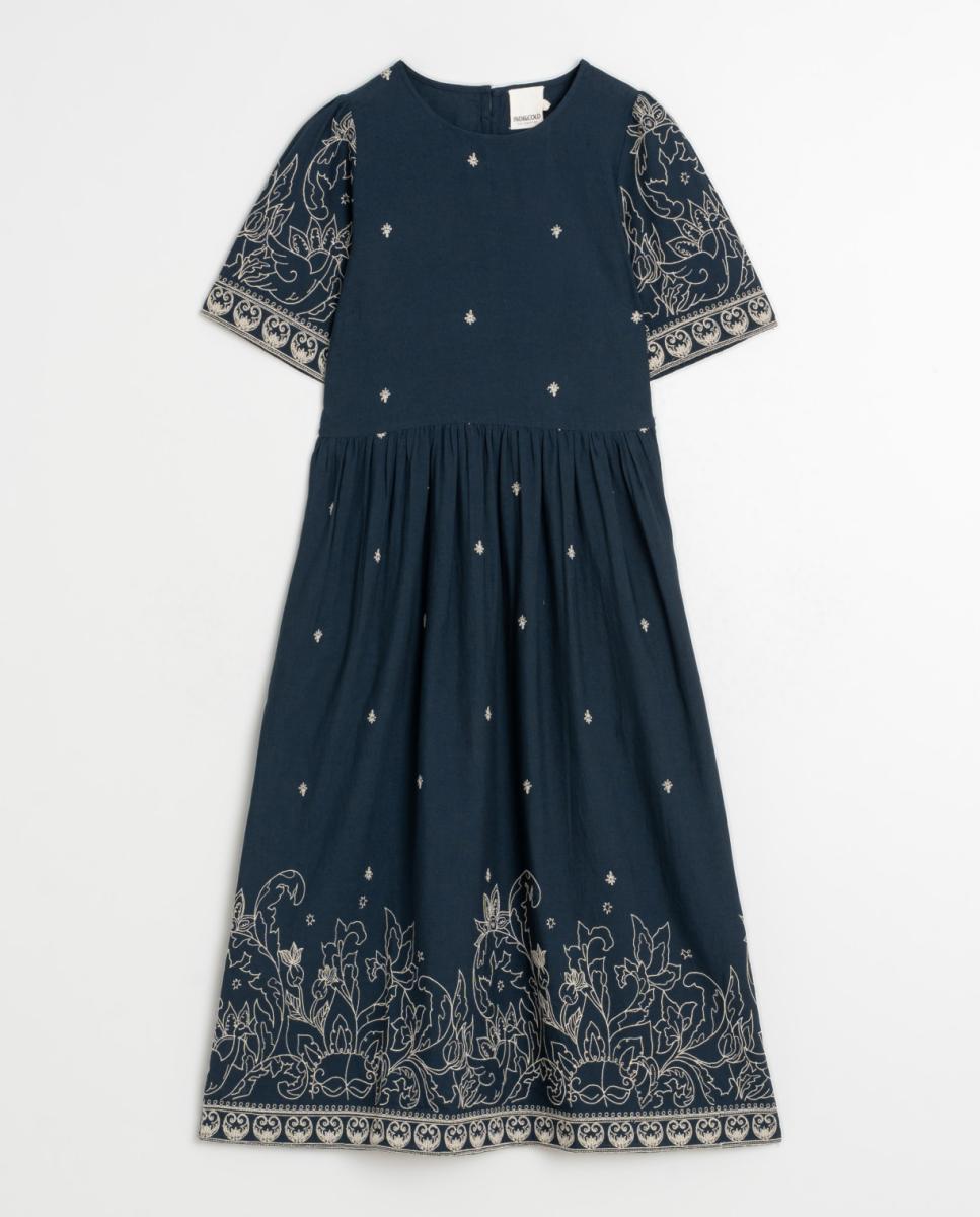 Vestido Comprido com Decote em Bico e Manga Curta Azul-marinho-4