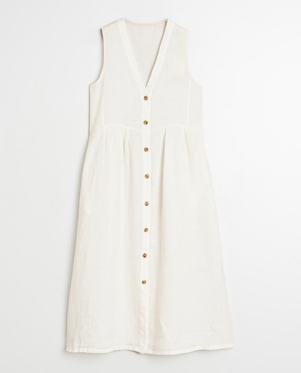 Vestido Comprido de Decote em Bico sem Mangas Cru-4