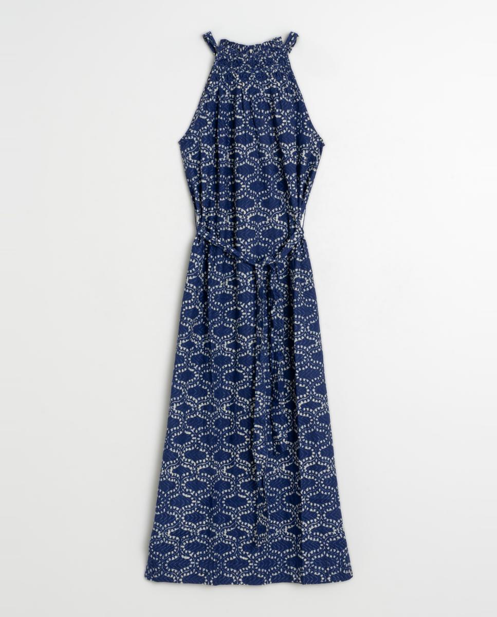 Vestido com Gola Halter e Cinto Azul-índigo-4
