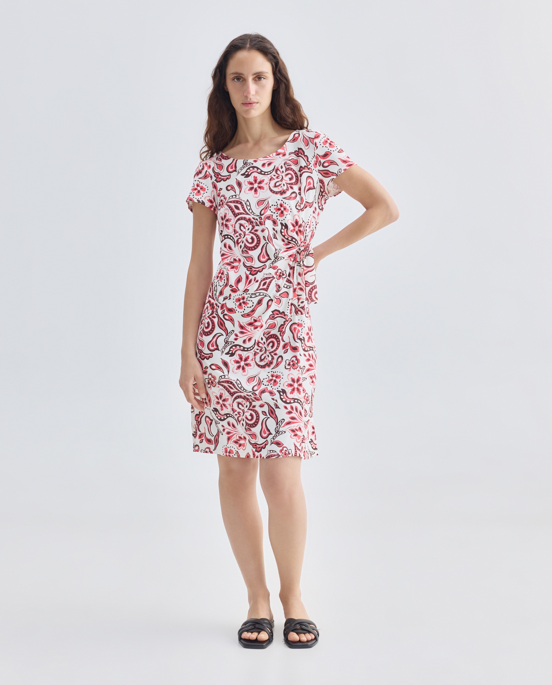 Vestido Estampado com Manga Curta Coral-1