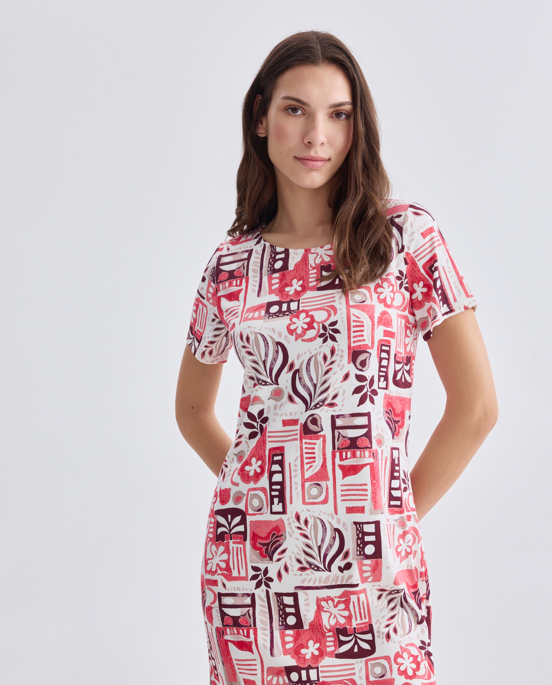 Vestido Estampado com Manga Curta Coral-1