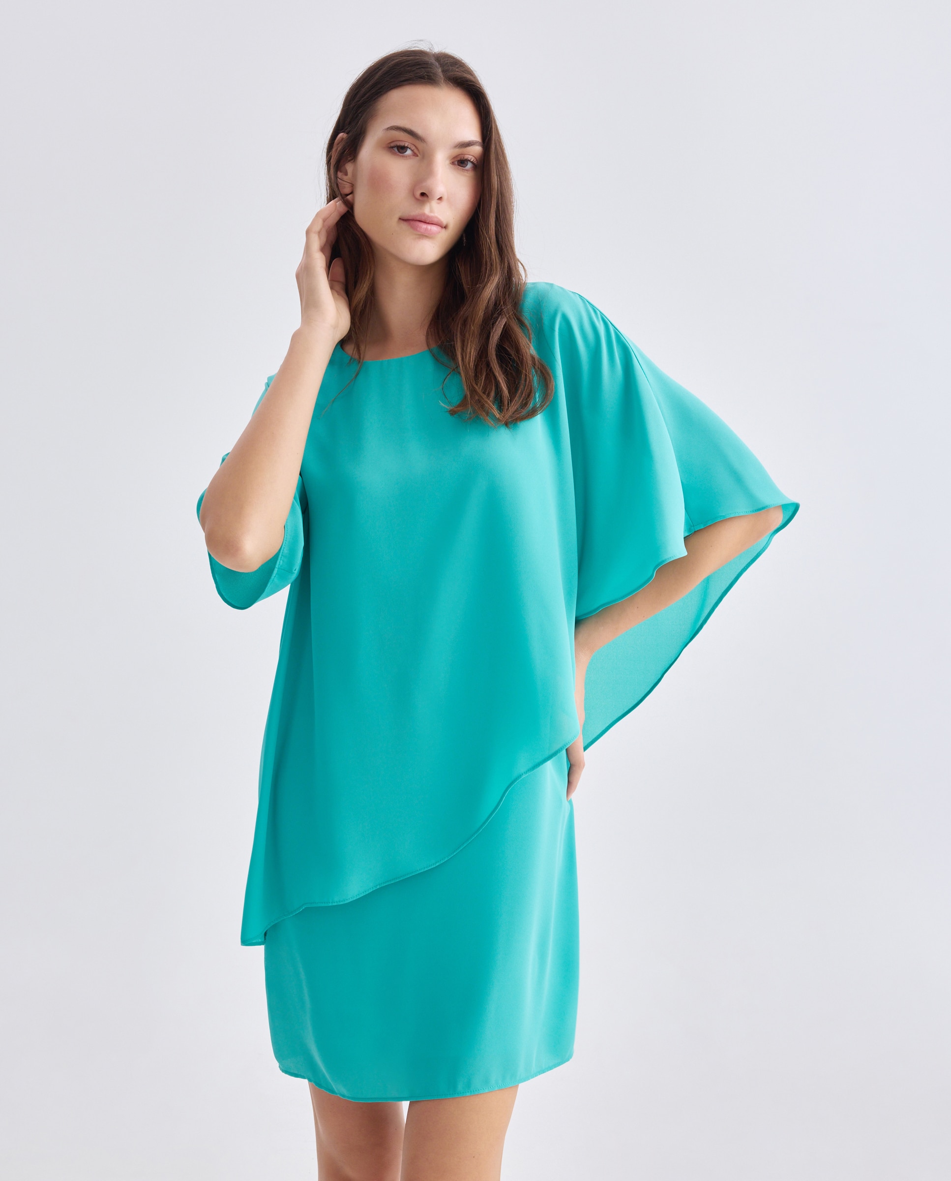 Vestido liso, manga 3/4 Verde-2