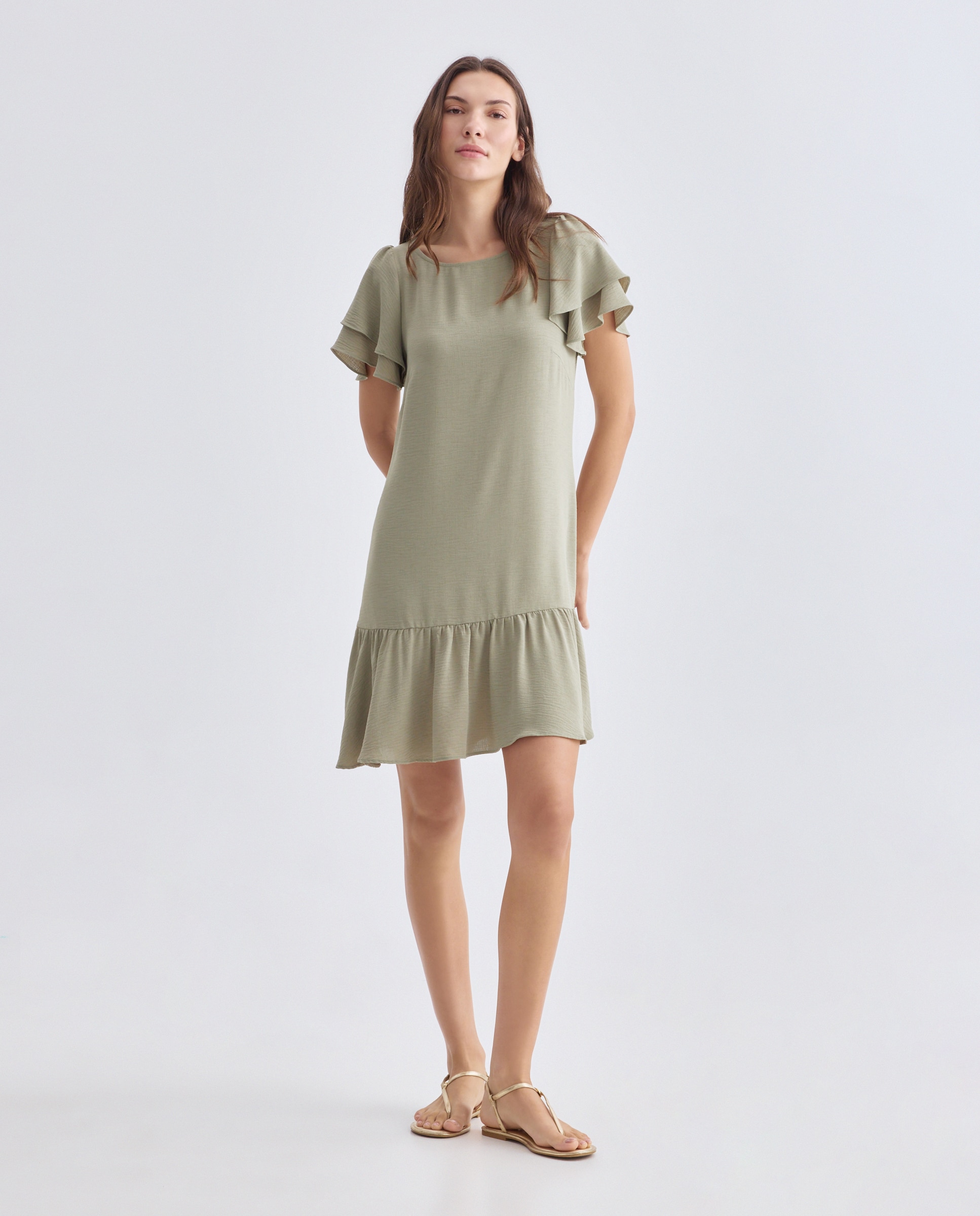 Vestido Liso com Manga Curta Caqui-1