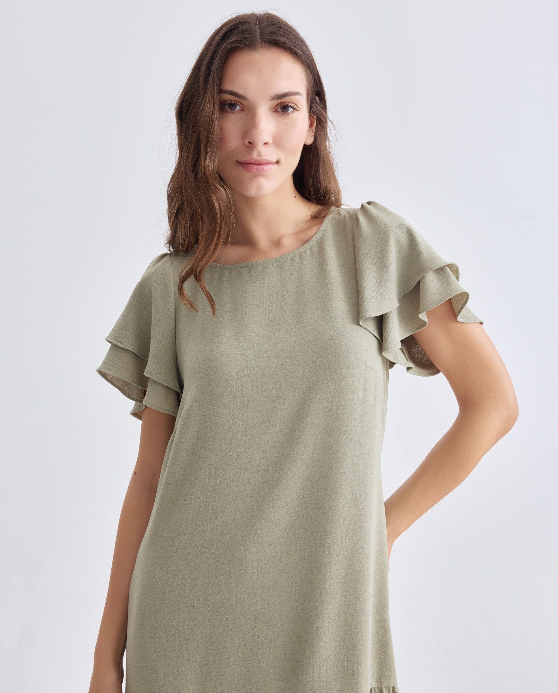Vestido Liso com Manga Curta Caqui-2