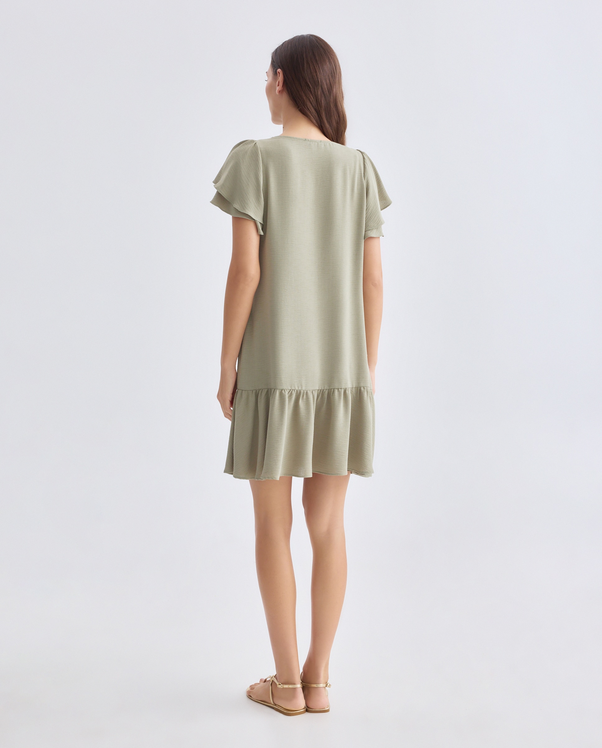 Vestido Liso com Manga Curta Caqui-3
