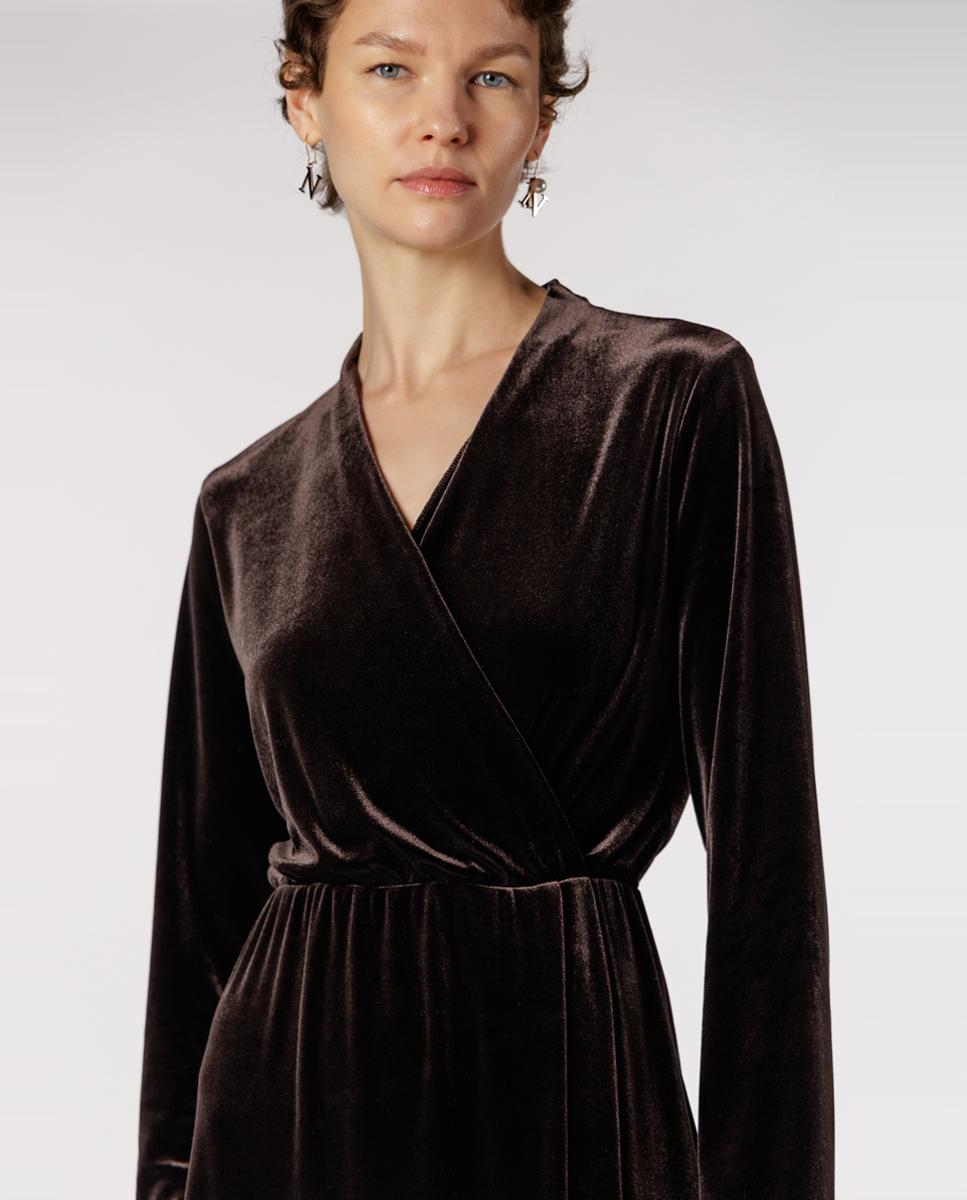 Vestido de terciopelo cruzado. - Naulover - Marrón oscuro Marrón oscuro-3