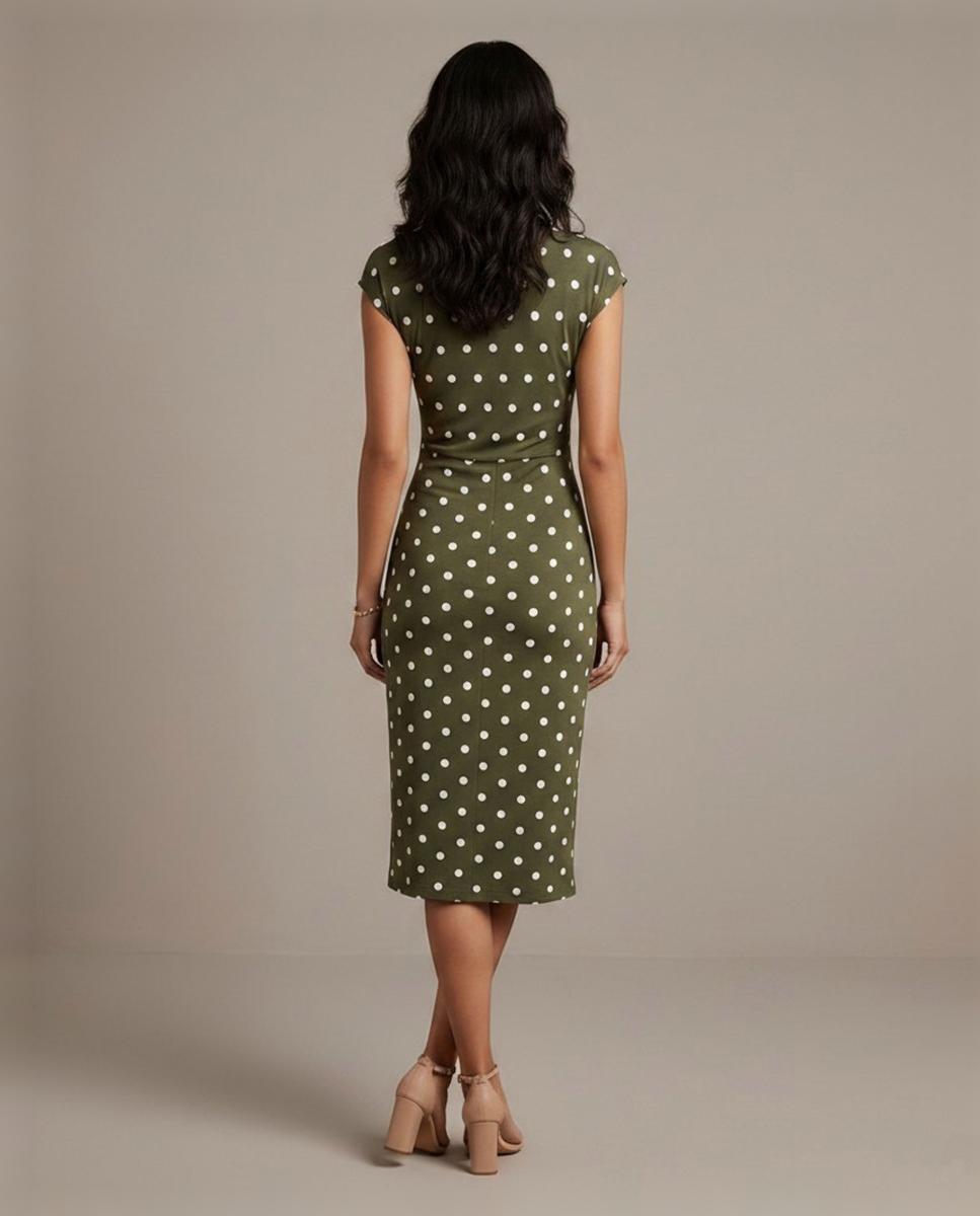 Vestido às Bolinhas com Manga Curta Caqui-2